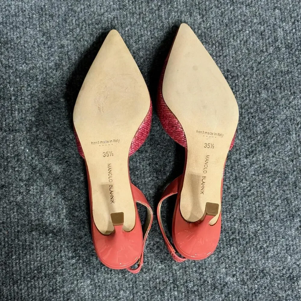 Manolo Blahnik Slingback Heels Womens 5 Pink Capsli Raffia Leather Italy Shoes